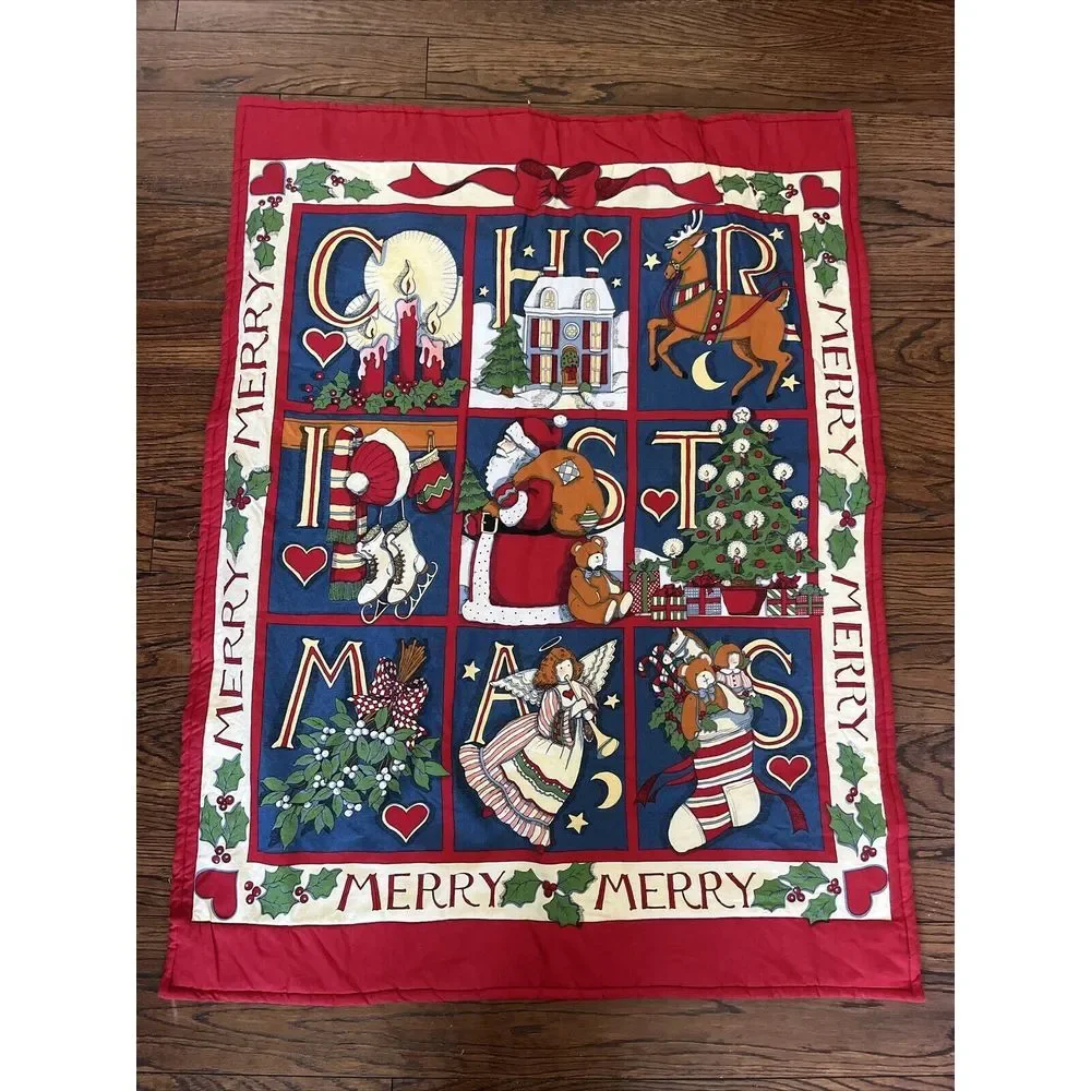 Vtg Quilted Baby blanket CHRISTMAS spell out Red Angels‎ Stockings Santa Striped